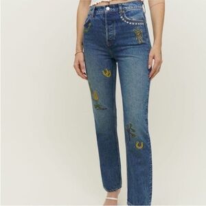 Reformation Handicraft Embroidered High Rise Straight Jeans Cowboy size 30